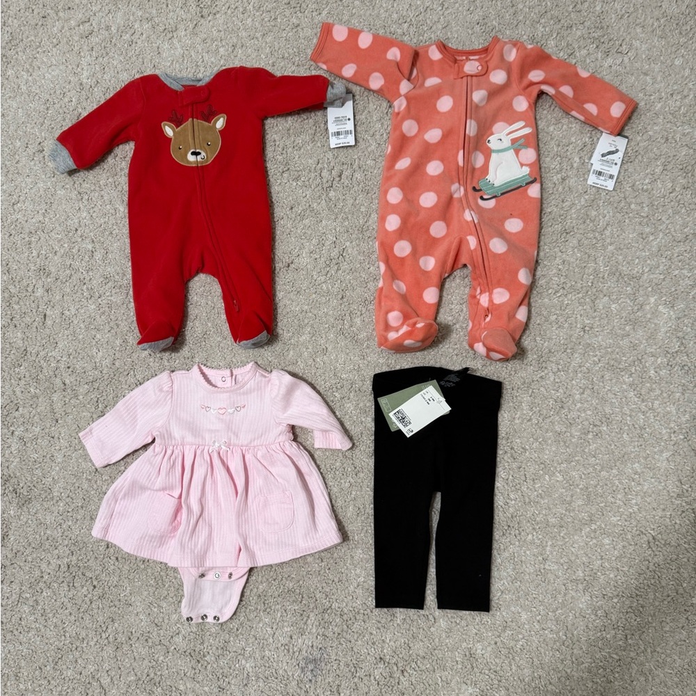 Lots of four baby girl pajamas leggings dress clothes carters littleme H&M NB 3m